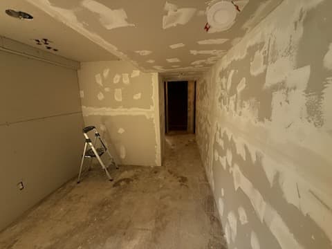 During: finish coats on the basement ceiling.