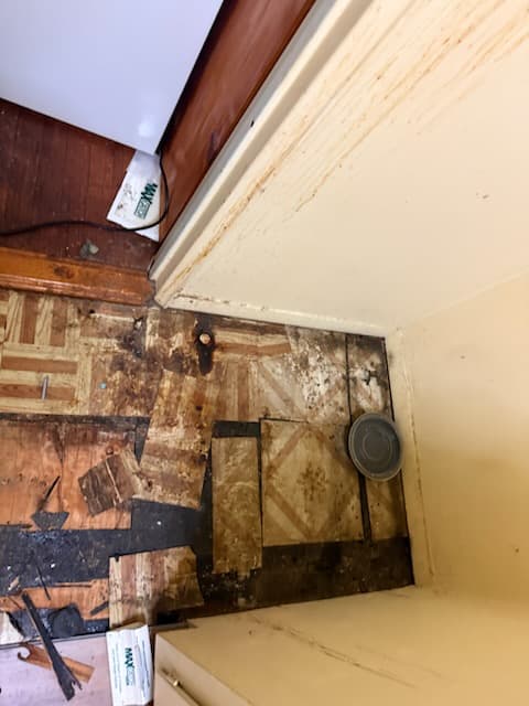During: expanding foam sealant applied along the baseboards to fill gaps.